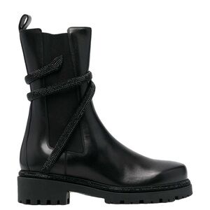 Rene Caovilla Black Leather Ankle Boots with crystal snake detail